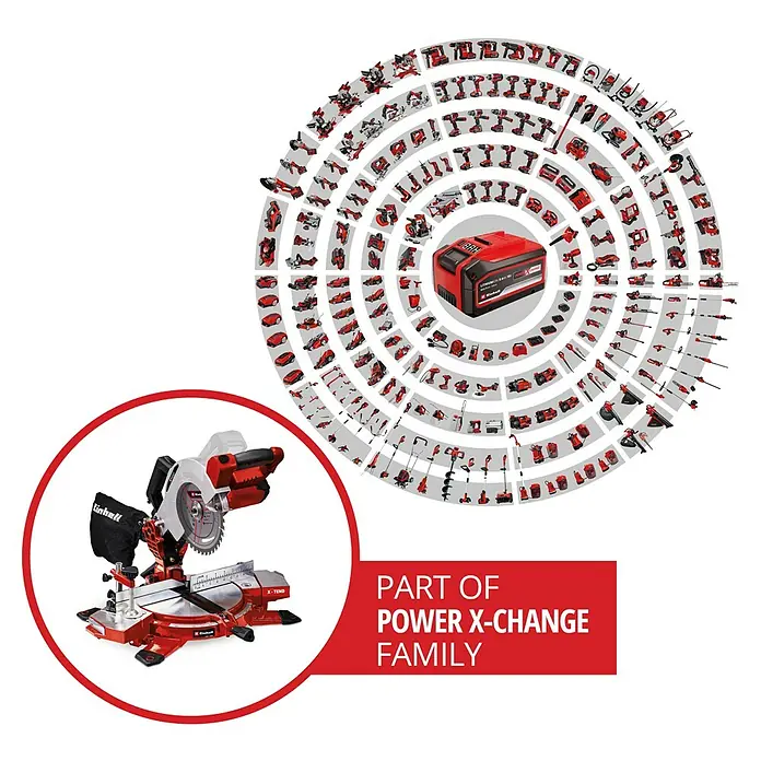 Einhell Power X-Change 18V Akku-Kapp- & Gehrungssäge TE-MS 18-210 Li-Solo - 18 V, Ohne Akku, Durchmesser Sägeblatt: 210 mm, Leerlaufdrehzahl: 3.000 U/min - Bild einer Einhell Kapp- und Gehrungssäge, die zur Power X-Change Familie gehört, mit Akku und anderen Werkzeugen der Serie im Hintergrund.