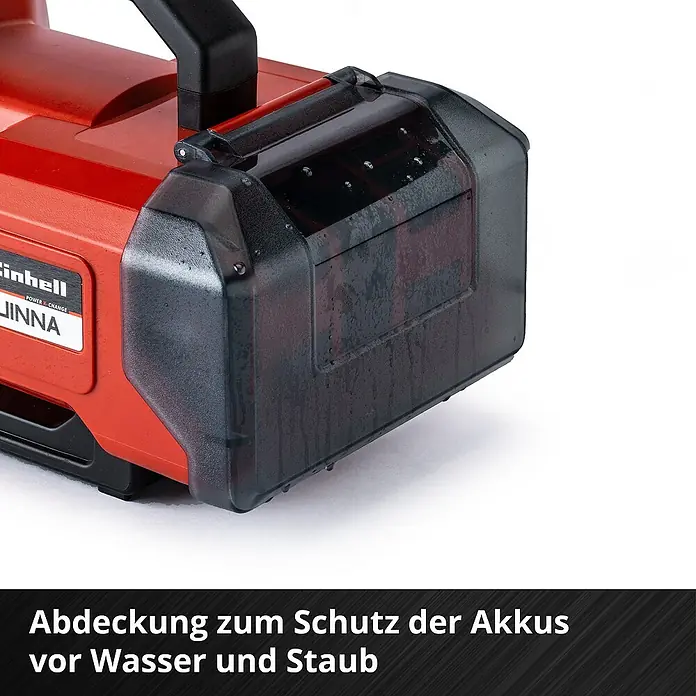 Einhell Power X-Change 18V Akku-Gartenpumpe AQUINNA 36/30 - Ohne Akku, Max. Fördermenge: 3.000 l/h - Nahaufnahme einer roten Einhell Akku-betriebenen Pumpe mit Schutzabdeckung.