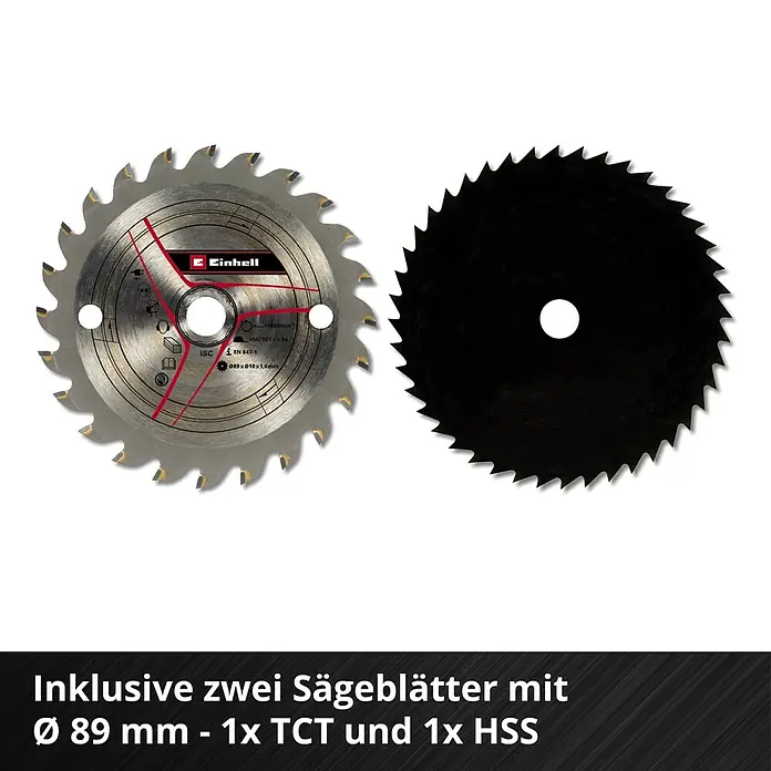 Einhell Power X-Change 18V Akku-Handkreissäge TE-CS 18/89Li-Solo - 18 V, Ohne Akku, Leerlaufdrehzahl: 0 U/min - 2.500 U/min - Zwei Sägeblätter von Einhell (Ø 89 mm), eins TCT und eins HSS, für präzise Schnitte in verschiedenen Materialien.