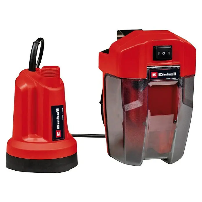 Einhell Power X-Change 18V Akku-Klarwasserpumpe GE-SP 18 LL Li - Solo - 18 V, Ohne Akku, Max. Fördermenge: 4.500 l/h - Das Bild zeigt eine rote Einhell-Pumpe und einen Behälter, beides Produkte derselben Marke, auf einem schwarzen Hintergrund.