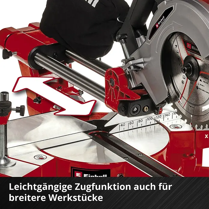 Einhell Power X-Change 18V Akku-Kapp- & Gehrungssäge TE-SM 36/210 Li-Solo - 36 V, Ohne Akku, 3.800 U/min - Detailansicht einer roten Einhell Kapp- und Gehrungssäge, die eine reibungslose Zugfunktion für breitere Werkstücke ermöglicht.