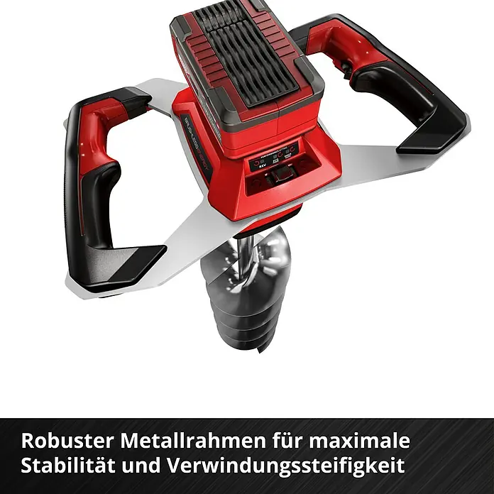 Einhell Professional Akku-Erdbohrer - 18 V, Ohne Akku, Durchmesser: 150 mm - Abgebildet ist ein roter und schwarzer Farbmischer mit Metallrahmen für Stabilität.