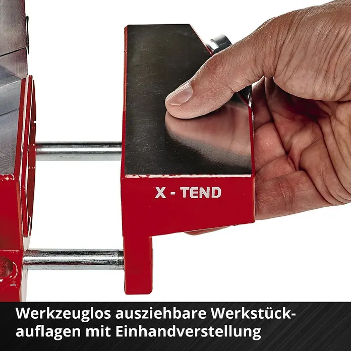 Einhell Power X-Change 18V Akku-Kapp- & Gehrungssäge TE-SM 36/210 Li-Solo - 36 V, Ohne Akku, 3.800 U/min - Das Bild zeigt eine ausziehbare Werkstückauflage mit Einhandverstellung von X-TEND.