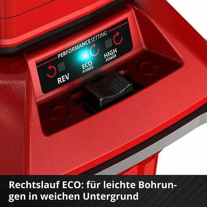 Einhell Professional Akku-Erdbohrer - 18 V, Ohne Akku, Durchmesser: 150 mm - Detailaufnahme eines roten Bohrhammers mit Leistungsregler auf "ECO Power" eingestellt.
