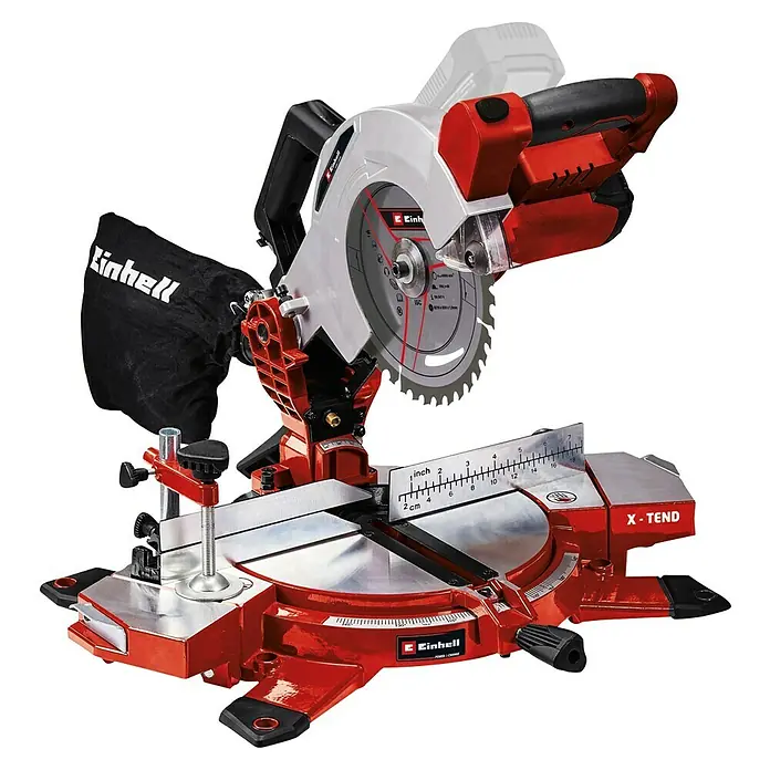 Einhell Power X-Change 18V Akku-Kapp- & Gehrungssäge TE-MS 18-210 Li-Solo - 18 V, Ohne Akku, Durchmesser Sägeblatt: 210 mm, Leerlaufdrehzahl: 3.000 U/min - Einhell Kapp- und Gehrungssäge mit roter Basis, silbernem Sägeblatt und schwarzem Staubfangsack für präzise Holzzuschnitte.