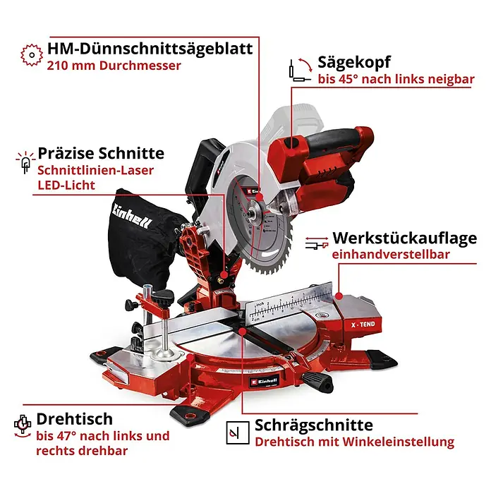 Einhell Power X-Change 18V Akku-Kapp- & Gehrungssäge TE-MS 18-210 Li-Solo - 18 V, Ohne Akku, Durchmesser Sägeblatt: 210 mm, Leerlaufdrehzahl: 3.000 U/min - Detailaufnahme einer roten Einhell Kapp- und Gehrungssäge mit Beschriftungen der Produktmerkmale.