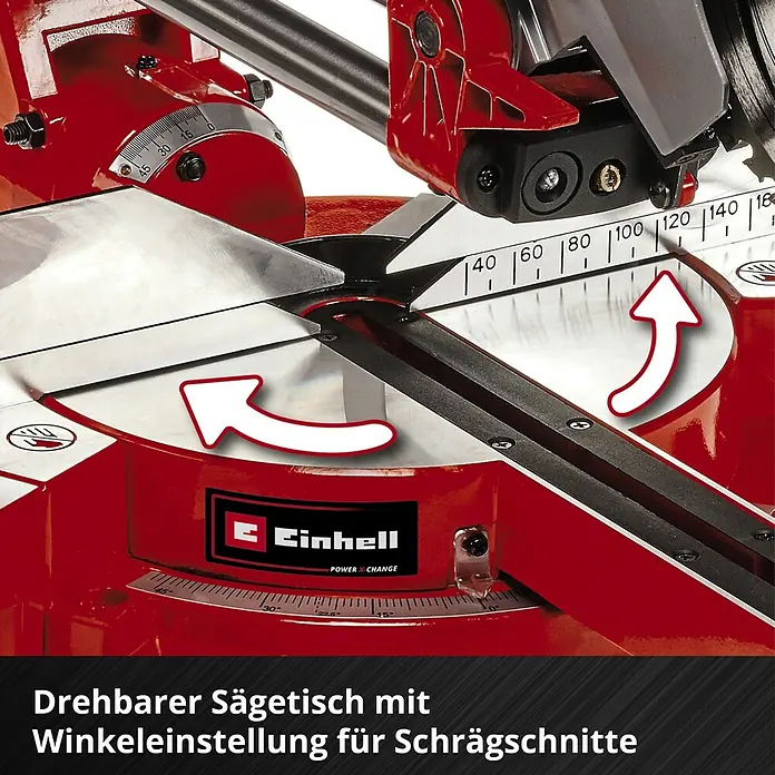 Einhell Power X-Change 18V Akku-Kapp- & Gehrungssäge TE-SM 36/210 Li-Solo - 36 V, Ohne Akku, 3.800 U/min - Detailaufnahme der drehbaren Sägetischs der Einhell Kapp- und Gehrungssäge mit Winkeleinstellung.