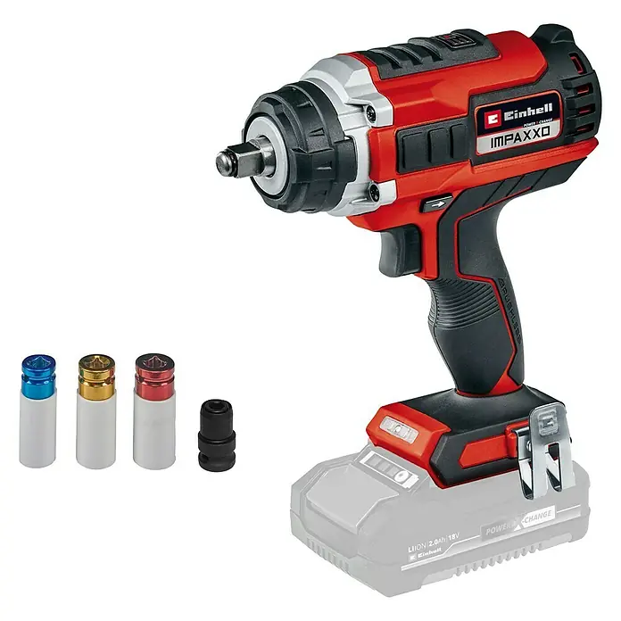 Einhell Professional PXC 18V Llave de impacto de batería IMPAXXO 18/400 - 18 V, Sin batería, 450 Nm - Llave de impacto inalámbrica Einhell IMPAXXO con vasos de colores y batería, ideal para diversas tareas de atornillado.