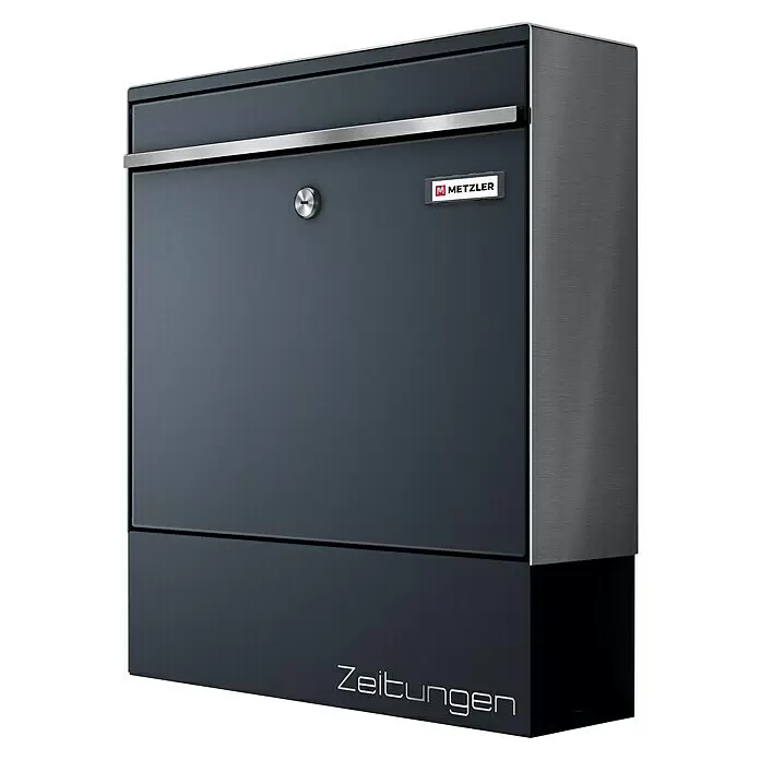 Metzler Wandbriefkasten BK212 Mit Zeitungsfach - L x B x H: 11,6 x 39 x 34,3 cm, Anthrazit, Edelstahl, Posthaltebügel - Anthrazitfarbener Briefkasten mit gebürsteter Edelstahlseite, silbernen Akzenten und Zeitungsfach.