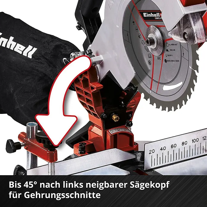 Einhell Power X-Change 18V Akku-Kapp- & Gehrungssäge TE-MS 18-210 Li-Solo - 18 V, Ohne Akku, Durchmesser Sägeblatt: 210 mm, Leerlaufdrehzahl: 3.000 U/min - Bild einer Einhell Kapp- und Gehrungssäge. Der Sägekopf ist bis zu 45° neigbar für präzise Gehrungsschnitte.