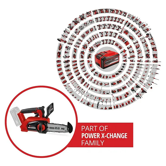 Einhell Professional Akku-Kettensäge FORTEXXA 18/20 TH - 18 V, 2,5 Ah, Li-Ionen, Ohne Akku, Schwertlänge: 20 cm - Das Bild zeigt eine Einhell Akku-Kettensäge und eine Darstellung des Power X-Change Akkusystems mit vielen kompatiblen Geräten.
