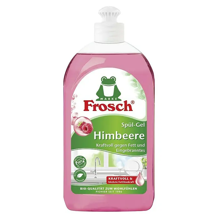 Frosch Spülmittel Gel - Himbeere, 500 ml, Flasche - Abbildung einer Flasche Frosch Himbeere Spül-Gel, ein Geschirrspülmittel, das kraftvoll gegen Fett und Eingebranntes wirkt.