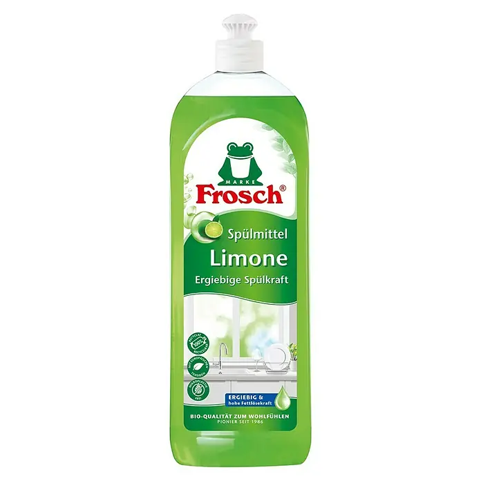 Frosch Spülmittel - Zitrone, 750 ml, Flasche - Produktbild von Frosch Spülmittel Limone. Das grüne Spülmittel verspricht ergiebige Spülkraft und ist zudem umweltfreundlich.
