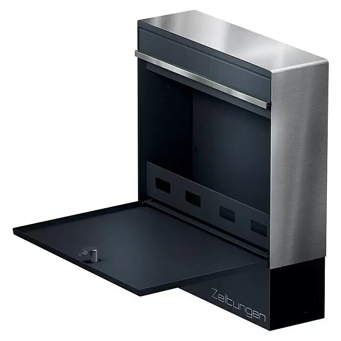 Metzler Wandbriefkasten BK212 Mit Zeitungsfach - L x B x H: 11,6 x 39 x 34,3 cm, Anthrazit, Edelstahl, Posthaltebügel - Anthrazitfarbener Briefkasten mit gebürstetem Edelstahl, offene Frontklappe zeigt "Zeitungen"-Aufschrift.