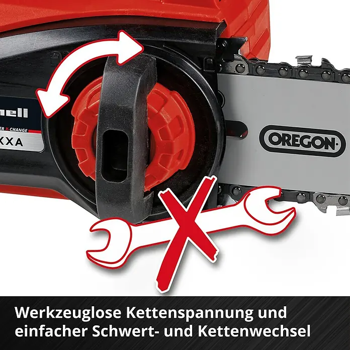 Einhell Professional Akku-Kettensäge FORTEXXA 18/20 TH - 18 V, 2,5 Ah, Li-Ionen, Ohne Akku, Schwertlänge: 20 cm - Werkzeuglose Kettenspannung der Einhell Kettensäge für einfachen Schwert- und Kettenwechsel.
