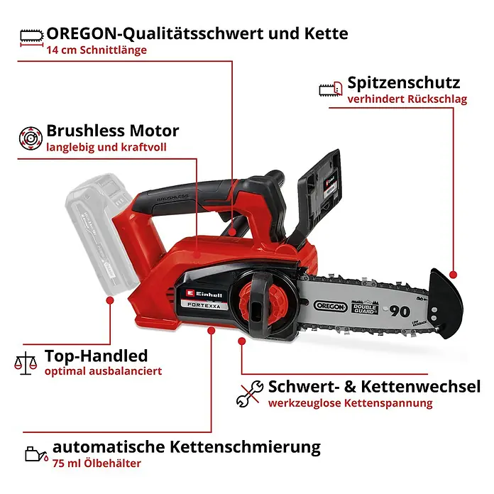 Einhell Professional Akku-Kettensäge FORTEXXA 18/20 TH - 18 V, 2,5 Ah, Li-Ionen, Ohne Akku, Schwertlänge: 20 cm - Abbildung einer Einhell FORTEXXA Akku-Kettensäge mit OREGON-Qualitätsschwert und Kette. Sie bietet automatische Kettenschmierung.