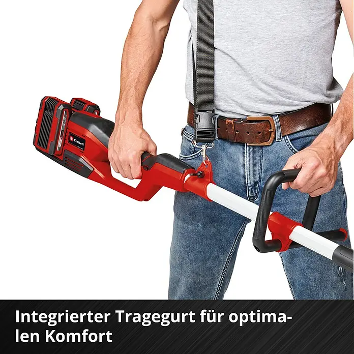Einhell Power X-Change 18V Multigartengerät GE-LM 36/4in1 Li-Solo - 36 V, Li-Ionen, Ohne Akku - Der Einhell Akku-Rasentrimmer mit Tragegurt für optimalen Komfort bei der Gartenarbeit.