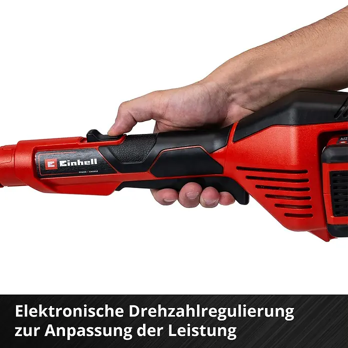 Einhell Power X-Change 18V Akku-Rasentrimmer GE-CT 36/30 Li E-Solo - 36 V, Ohne Akku - Nahaufnahme eines roten Einhell-Elektrowerkzeugs, das von einer Hand gehalten wird.