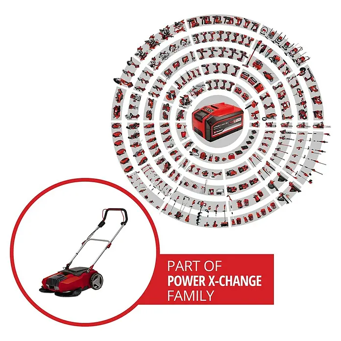 Einhell Power X-Change 18V Akku-Handkehrmaschine TE-SW 18/610 Li-Solo - 18 V, Ohne Akku, Flächenleistung: 1.800 m²/h - Aufsatzbild eines Einhell Power X-Change-Produkts, mit einem Rasenmäher im Fokus und einer Batterie im Zentrum eines Produktkreises.