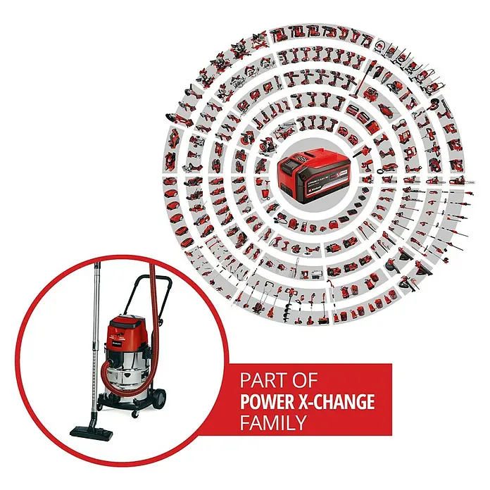 Einhell Power X-Change 18V Akku-Nass-Trockensauger TE-VC 36/30 Li S-Solo - 18 V, Ohne Akku, Behältervolumen: 30 l - Abbildung eines Einhell Nass-Trockensaugers, Teil der Power X-Change Familie, umgeben von anderen Werkzeugen, die mit dem gleichen Akku betrieben werden.
