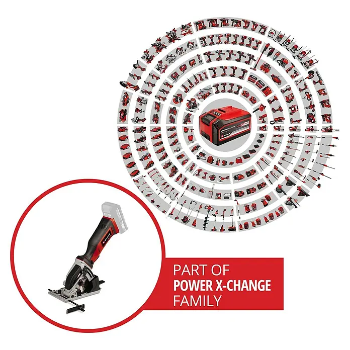 Einhell Power X-Change 18V Akku-Handkreissäge TE-CS 18/89Li-Solo - 18 V, Ohne Akku, Leerlaufdrehzahl: 0 U/min - 2.500 U/min - Das Bild zeigt die Einhell Akku-Handkreissäge, ein Werkzeug aus der Power X-Change Familie, mit Akku und Zubehör.