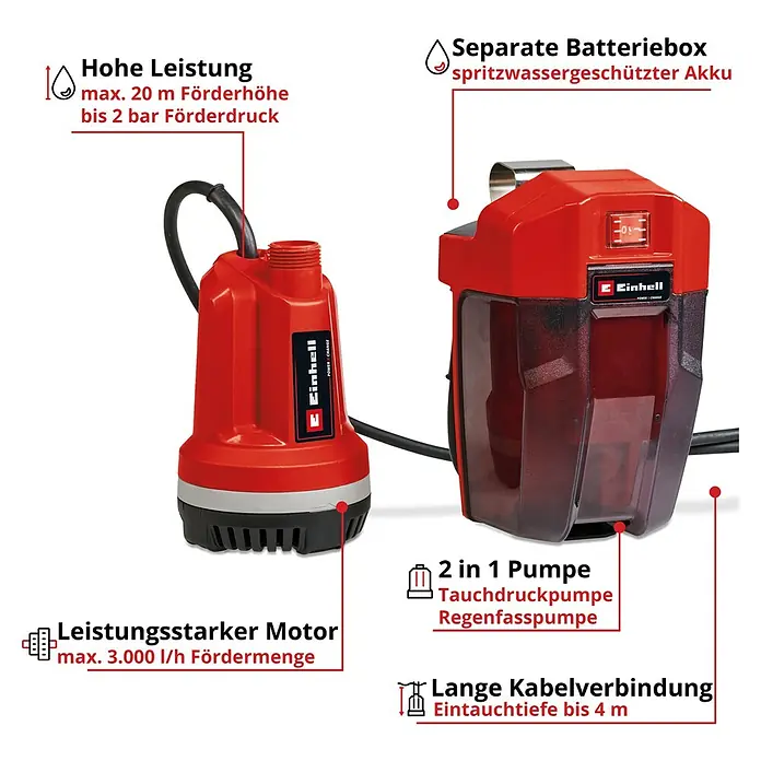 Einhell Power X-Change 18V Akku-Klarwasserpumpe GE-PP 18 RB LI SOLO - 18 V, Ohne Akku, Max. Fördermenge: 3.000 l/h - Abbildung einer Einhell 2-in-1-Pumpe, bestehend aus einer Tauchdruckpumpe und einer Regenfasspumpe, mit separater, spritzwassergeschützter Batteriebox.