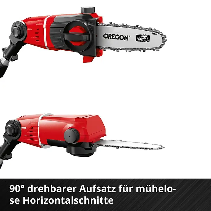 Einhell Power X-Change 18V Akku-Multifunktionswerkzeug GE-HC 18 Li T-Solo - 18 V, Li-Ionen, Ohne Akku, Schnittlänge: 40 cm - Abbildung einer Oregon Akku-Hochentaster mit um 90° drehbarem Aufsatz für mühelose Horizontalschnitte.