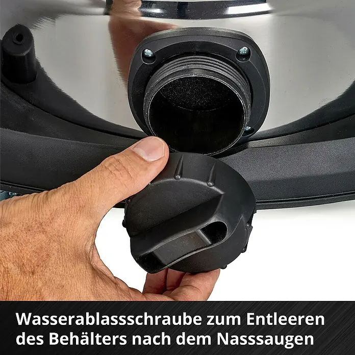 Einhell Power X-Change 18V Akku-Nass-Trockensauger TE-VC 36/30 Li S-Solo - 18 V, Ohne Akku, Behältervolumen: 30 l - Wasserablassschraube zum Entleeren des Behälters nach dem Nasssaugen. Das schwarze Ablassventil wird gezeigt.