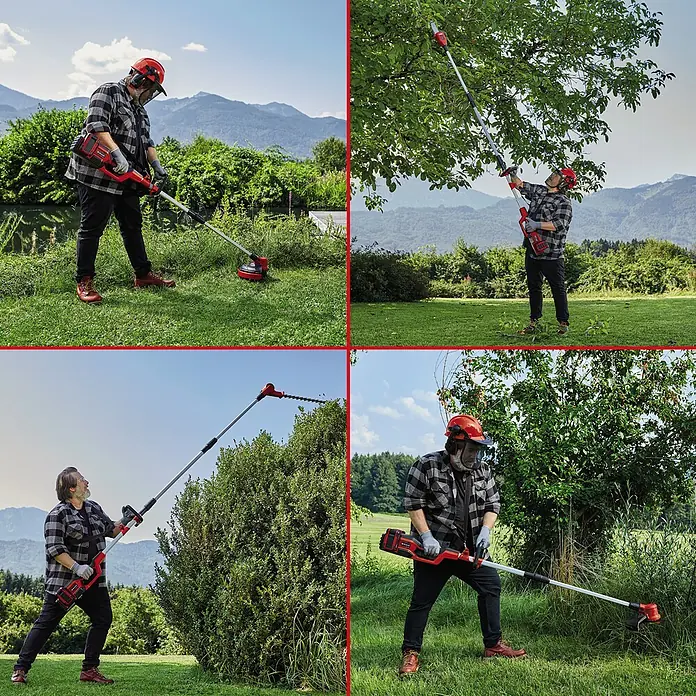 Einhell Power X-Change 18V Multigartengerät GE-LM 36/4in1 Li-Solo - 36 V, Li-Ionen, Ohne Akku - Verschiedene Aufnahmen des Einhell Gartenwerkzeugs im Einsatz.