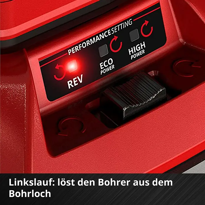 Einhell Professional Akku-Erdbohrer - 18 V, Ohne Akku, Durchmesser: 150 mm - Detailaufnahme einer roten Bohrmaschine mit Leistungsregler für Eco, High Power und Reversierbetrieb.
