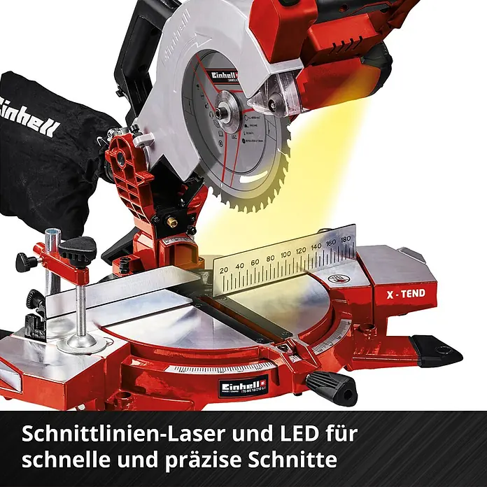 Einhell Power X-Change 18V Akku-Kapp- & Gehrungssäge TE-MS 18-210 Li-Solo - 18 V, Ohne Akku, Durchmesser Sägeblatt: 210 mm, Leerlaufdrehzahl: 3.000 U/min - Detailaufnahme einer roten Einhell Kapp- und Gehrungssäge mit Schnittlinienlaser und LED-Beleuchtung für präzise Schnitte.
