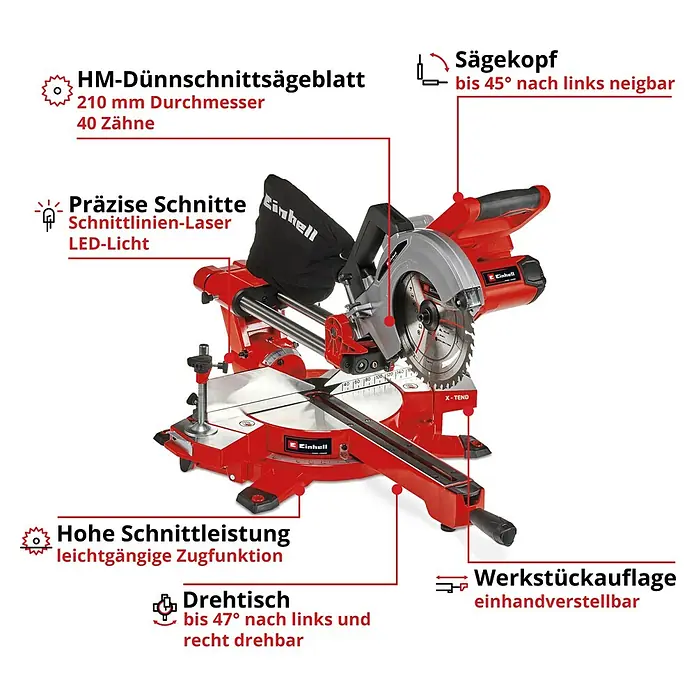 Einhell Power X-Change 18V Akku-Kapp- & Gehrungssäge TE-SM 36/210 Li-Solo - 36 V, Ohne Akku, 3.800 U/min - Kappsäge mit HM-Dünnschnittsägeblatt, 210 mm Durchmesser und 40 Zähnen für präzise Schnitte dank Schnittlinien-Laser und LED-Licht.