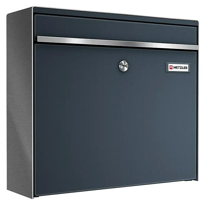 Metzler Wandbriefkasten BK212 - L x B x H: 11,6 x 39 x 34,3 cm, Anthrazit, Edelstahl, Posthaltebügel - Moderner, anthrazitfarbener Metzler Briefkasten mit horizontalem, silbernem Griff und integriertem Schloss, ideal für den stilvollen Eingangsbereich.