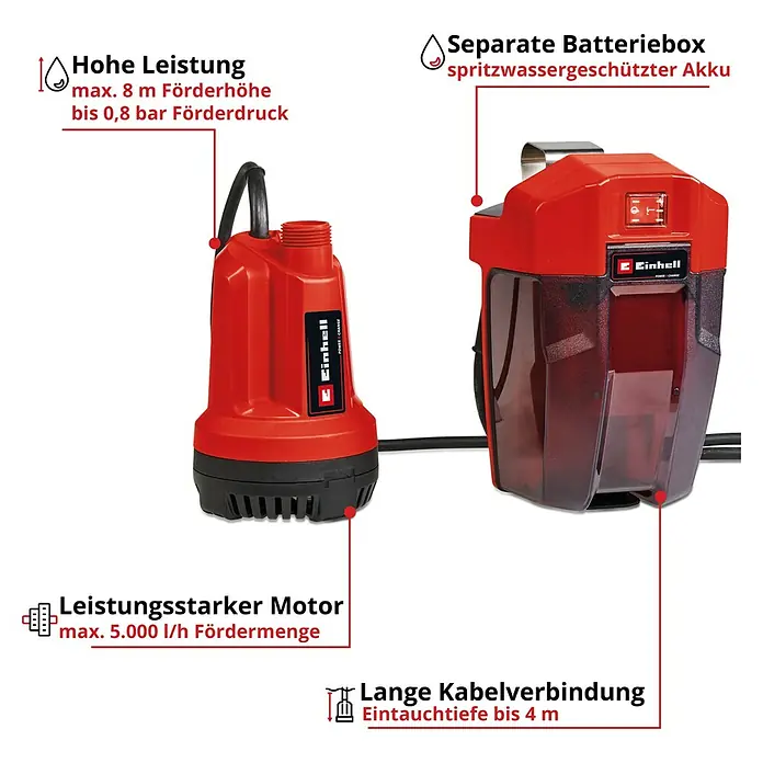 Einhell Power X-Change 18V Akku-Klarwasserpumpe GE-SP 18 Li - 18 V, Ohne Akku, Max. Fördermenge: 5.000 l/h - Produktbild einer Einhell Akku-Tauchpumpe mit separater Batteriebox, ideal für den flexiblen Einsatz im Garten und rund ums Haus.