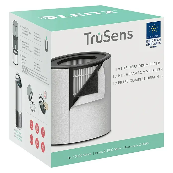 Leitz TruSens HEPA-Filter 3-in-1 - 21,5 x 21,5 x 22,5 cm, Passend für: TruSens Luftreiniger Z-3000 - Produktverpackung des TruSens Luftreinigers Z-3000 HEPA Filter.