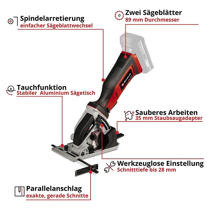 Einhell Power X-Change 18V Akku-Handkreissäge TE-CS 18/89Li-Solo - 18 V, Ohne Akku, Leerlaufdrehzahl: 0 U/min - 2.500 U/min - Das Bild zeigt eine Einhell Akku-Tauchsäge mit verschiedenen Funktionen und Zubehörteilen wie Staubabsaugadapter und Parallelanschlag.