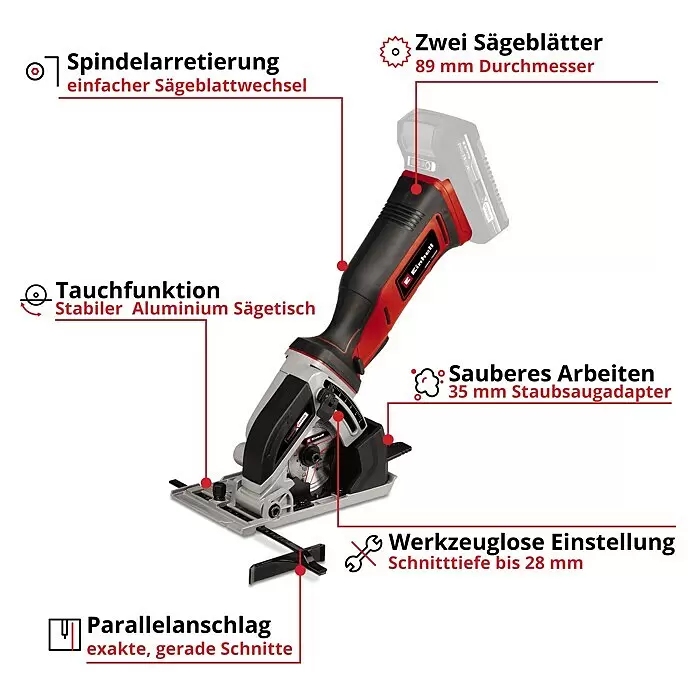 Einhell Power X-Change 18V Akku-Handkreissäge TE-CS 18/89Li-Solo18 V, Ohne Akku, Leerlaufdrehzahl: 0 U/min - 2.500 U/min Info
