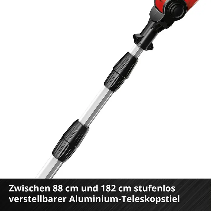 Einhell Power X-Change 18V Akku-Multifunktionswerkzeug GE-HC 18 Li T-Solo - 18 V, Li-Ionen, Ohne Akku, Schnittlänge: 40 cm - Bild eines stufenlos verstellbaren Aluminium-Teleskopstiels, der sich zwischen 88 cm und 182 cm ausziehen lässt.