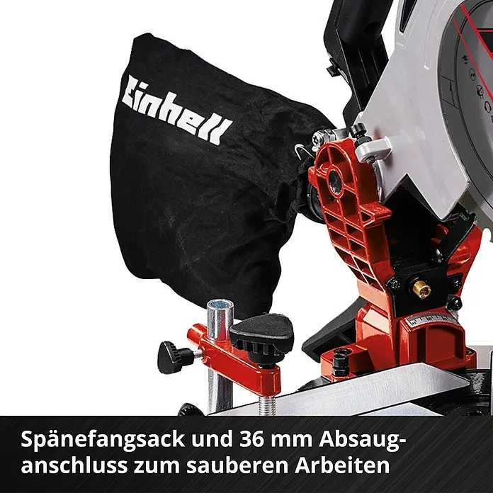 Einhell Power X-Change 18V Akku-Kapp- & Gehrungssäge TE-MS 18-210 Li-Solo - 18 V, Ohne Akku, Durchmesser Sägeblatt: 210 mm, Leerlaufdrehzahl: 3.000 U/min - Spänefangsack und 36 mm Absauganschluss einer Einhell Kapp- und Gehrungssäge für sauberes Arbeiten.