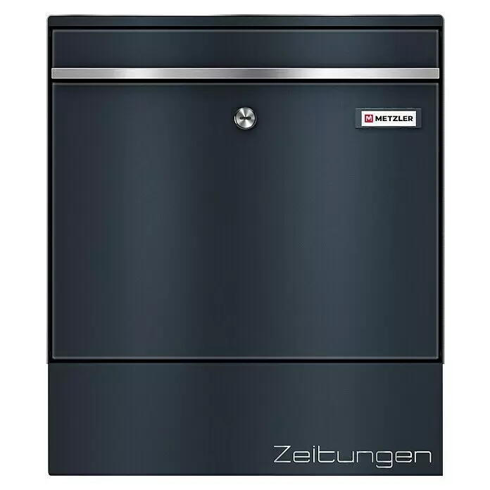 Metzler Wandbriefkasten BK212 Mit Zeitungsfach - L x B x H: 11,6 x 39 x 34,3 cm, Anthrazit, Edelstahl, Posthaltebügel - Dunkelgrauer Briefkasten mit silbernen Akzenten, Schloss und "Zeitungen" Schriftzug.