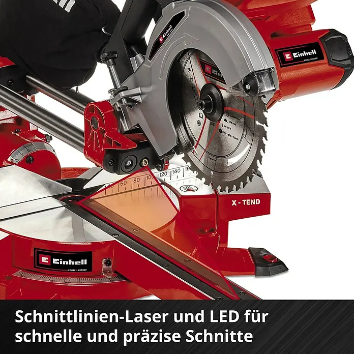 Einhell Power X-Change 18V Akku-Kapp- & Gehrungssäge TE-SM 36/210 Li-Solo - 36 V, Ohne Akku, 3.800 U/min - Detailaufnahme einer Einhell Kapp- und Gehrungssäge mit Schnittlinien-Laser und LED für präzise Schnitte.