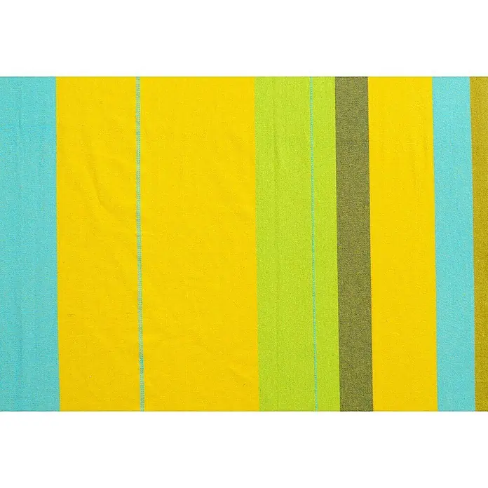 Amazonas Doppelhängematte Colombiana - L x B: 350 x 160 cm, Limona - Nahaufnahme von einem bunten Stoff mit Streifen in Gelb, Grün, Blau und Braun.
