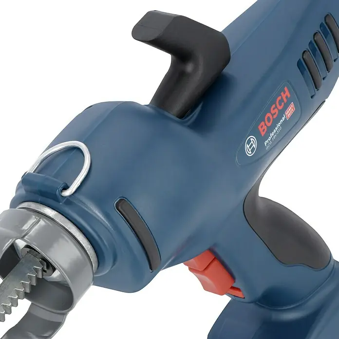 Bosch Professional AMPShare 18V Akku-Kartuschenpresse GCG 18V-310 - 18 V, Ohne Akku, Betriebsdruck: 3,5 kN - Nahaufnahme eines Bosch GCG 18V-310 Akku-Klebepistole, das professionelle Werkzeug für präzise Anwendungen.
