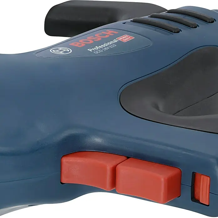 Bosch Professional AMPShare 18V Akku-Kartuschenpresse GCG 18V-310 - 18 V, Ohne Akku, Betriebsdruck: 3,5 kN - Detailaufnahme einer blauen Bosch GCG 18V-310 Akku-Kartuschenpistole mit roten Knöpfen.