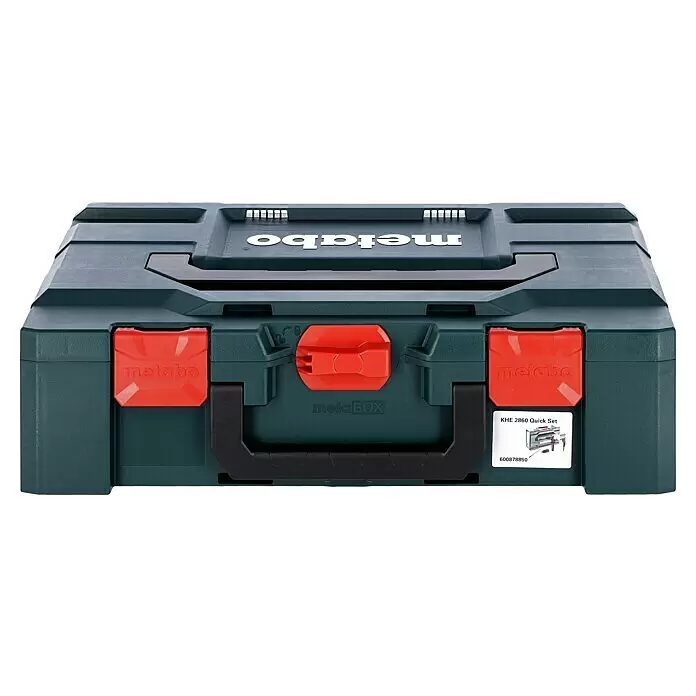 Metabo Martillo combinado 2860 Quick Set - 880 W, 3,2 J, Alojamiento SDS-Plus - Caja de herramientas Metabo metaBOX gris oscuro con cierres rojos, asa negra y etiqueta del producto.