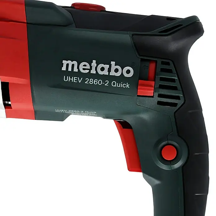 Metabo Kombihammer UHEV 2860-2 Quick Set - 1.100 W, 3,4 J, SDS-Plus-Aufnahme - Nahaufnahme einer Metabo UHEV 2860-2 Quick Schlagbohrmaschine, die Details wie Schalter und Logos hervorhebt.