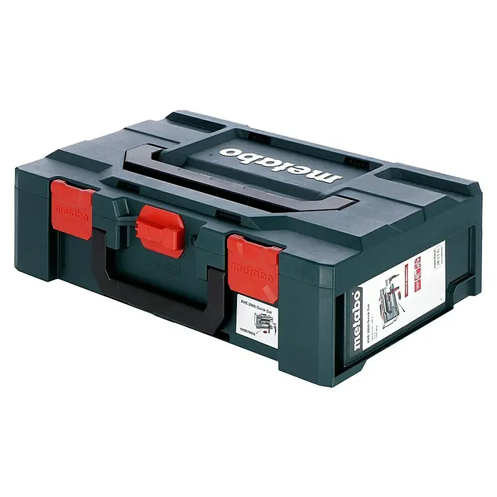Metabo Kombihammer KHE 2860 Quick Set - 880 W, 3,2 J, SDS-Plus-Aufnahme - Ein grüner Metabo Werkzeugkoffer mit roten Verschlüssen und dem Metabo-Logo, ideal für die Aufbewahrung und den Transport von Werkzeugen.