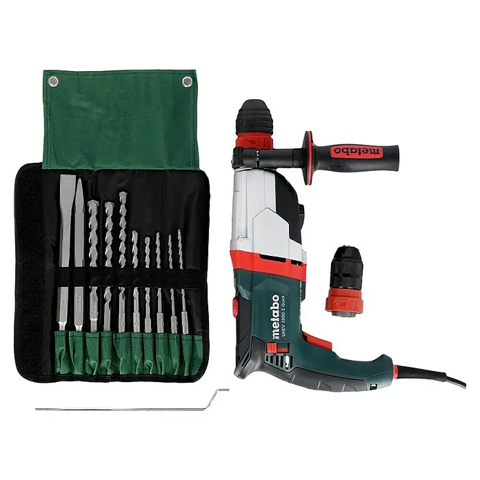 Metabo Kombihammer UHEV 2860-2 Quick Set - 1.100 W, 3,4 J, SDS-Plus-Aufnahme - Metabo UHEV 2860-2 Quick Hammerbohrer-Set mit Bohrfutter, Seitengriff, Bohrer- und Meißel-Set und Werkzeug zum Wechseln des Bohrfutters.