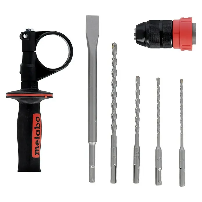 Metabo Kombihammer KHE 2860 Quick Set - 880 W, 3,2 J, SDS-Plus-Aufnahme - Metabo Bohrhammer-Zubehörset mit Bohrer, Meißel und Zusatzhandgriff für verbesserte Kontrolle und Vielseitigkeit.
