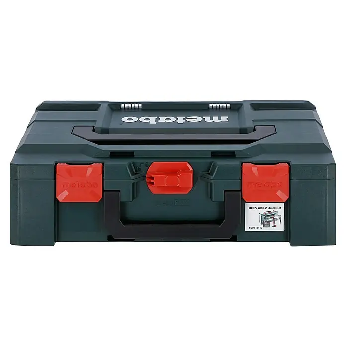 Metabo Kombihammer UHEV 2860-2 Quick Set - 1.100 W, 3,4 J, SDS-Plus-Aufnahme - Ein grüner Metabo Werkzeugkoffer mit roten Verschlüssen und einem schwarzen Griff.